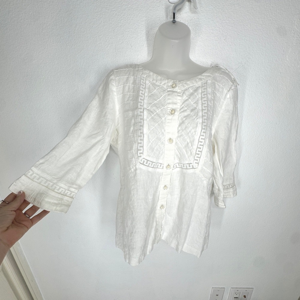 Vintage White 100% Linen Pintuck Lace Button Top Womens Size Tailored Edwardian